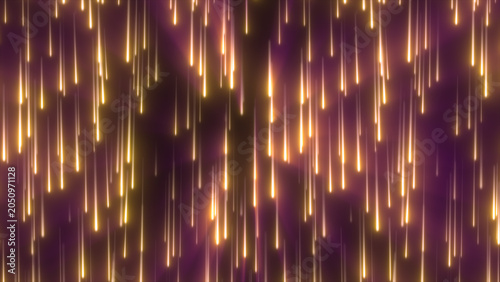 Schilderij op canvas Glowing golden vertical light streaks descend across a soft purple background in