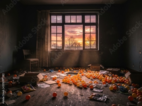 Abandoned room with colorful balls and sunset view