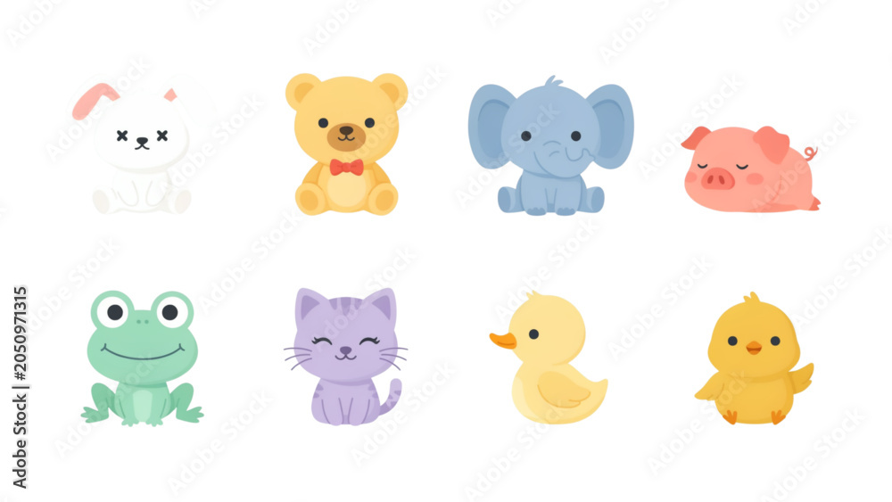 Fototapeta premium Set of cute pixel art animals including dog bear elephant pig frog cat duck and chick Vector