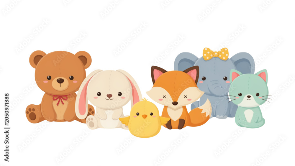 Naklejka premium Cute collection of pixel art animals including a brown bear, white bunny, yellow chick, orange fox, blue elephant and green cat Vector