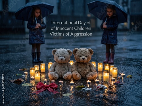 International Day of Innocent Children Victims of Aggression, teddy bears with candles