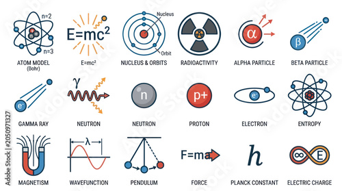 Photos Collection of colorful physics and science symbols and icons.