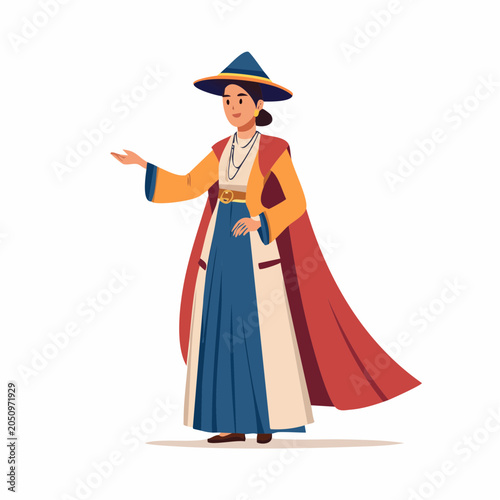 Woman in traditional Asian-inspired attire with a conical hat