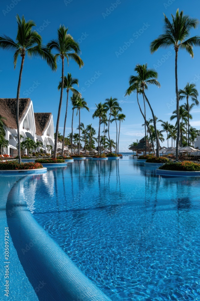 Fototapeta premium Crystal Clear Pool at Luxury Resort Beneath Sunny Skies