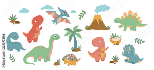 Bild auf Leinwand A commercial flat vector set of cute cartoon baby dinosaurs, featuring an erupting volcano, palm tree, dinosaur nest with eggs, and tropical plants isolated on white