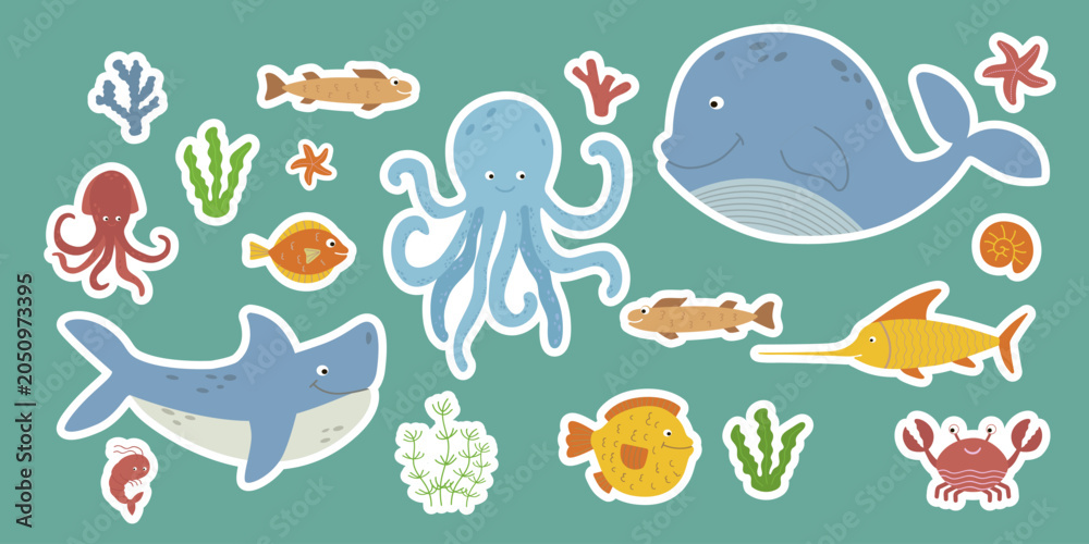Obraz premium A cozy set of flat vector sea creatures and underwater animal stickers featuring a big blue octopus, smiling shark, whale, crab, and starfish isolated on a turquoise background. Vector illustration