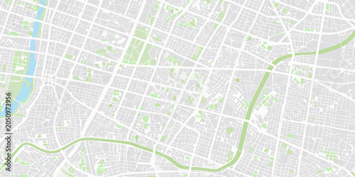 City map illustration with green waterways and gray grid pattern
