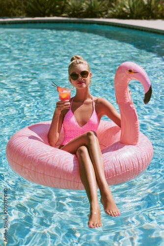 Women’s Inflatable Pool Float with Cocktail and Sunglasses