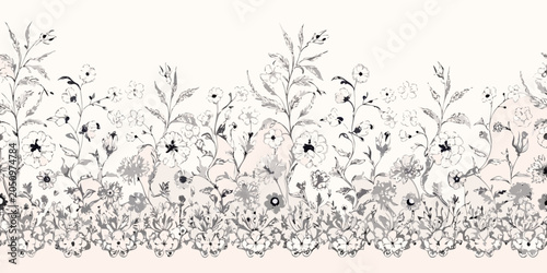 Foto Wildflower border pattern a hand drawn vector illustration on a cream background