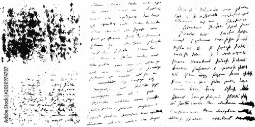 Handwritten notes and ink splatters on white background grunge texture