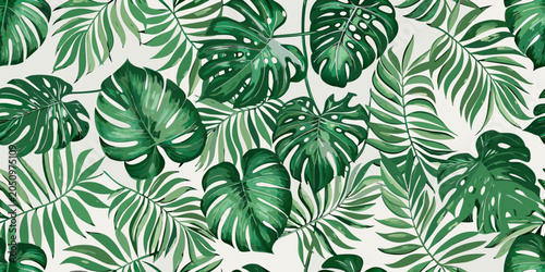 Tropical leaves seamless pattern a vibrant green botanical illustration on white