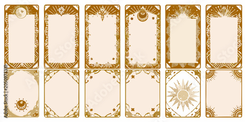 Set of ten beige tarot card templates with ornate golden frames