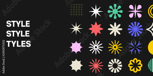 Schilderij op canvas Geometric floral ornament collection vibrant vector illustration on black backgr