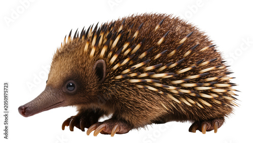 Fotografija Echidna with sharp spines and furry body on white