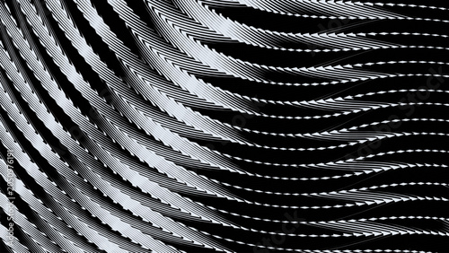 Metallic silver wavy lines background, abstract chrome liquid ripples on black, futuristic steel wave pattern vector for tech branding