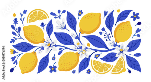 Vibrant Lemon and Blue Leaf Pattern Illustration.