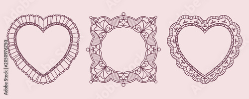Vintage lace delicate vector heart shape frames set. Decorative elegant retro coquette romantic wedding borders