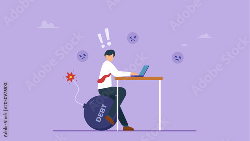 Принти на полотні Businessman working on laptop sitting and on debt bomb