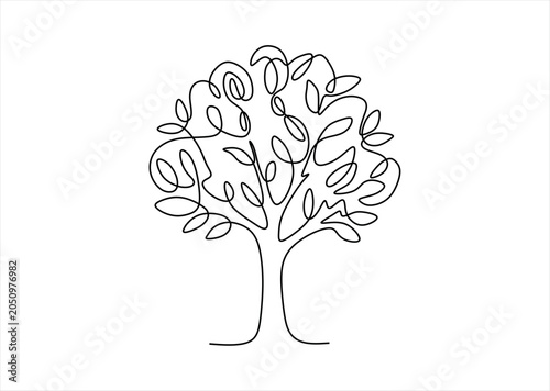 Tree plant doodle outline vector forest environment. Continuous one line tree plant for eco, nature, garden logo design. Ecology green concept, background. Vector illustration