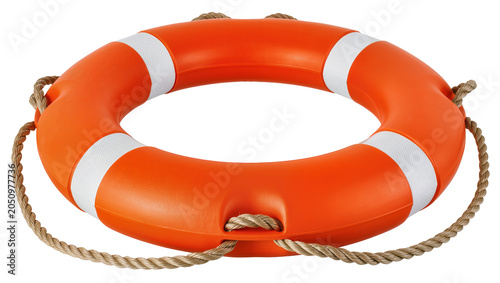Foto Orange life preserver ring with white stripes and rope