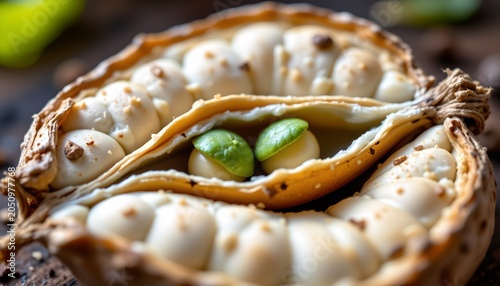 The image features a close up of a halved fruit with a rough, textured outer shell that is brown with darker patches