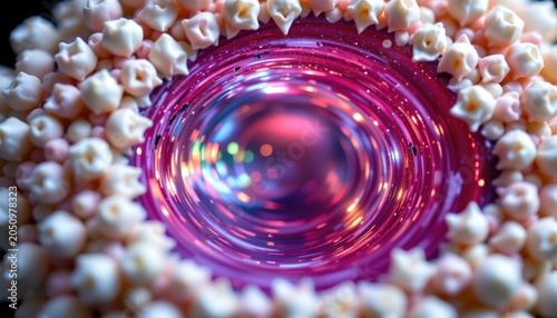The image showcases a circular, mirror like surface surrounded by a border of popcorn
