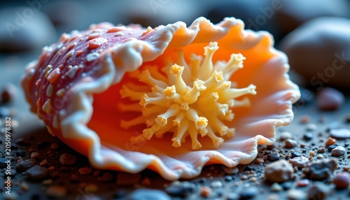 The image features a close up of a seashell with intricate details and textures