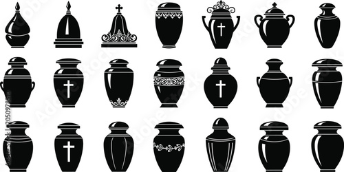 Fotografie Cremation urn silhouette vector collection, memorial funeral icons, decorative u