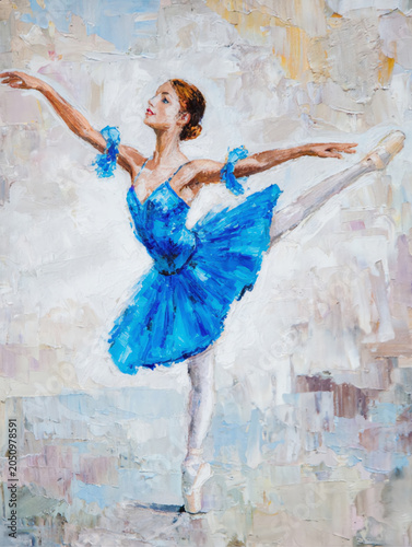 Oil painting of a graceful ballerina in a blue dress