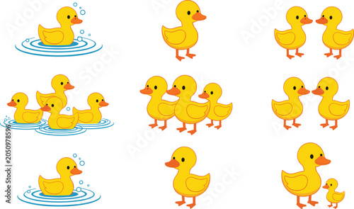 Quadro su tela Cute duckling cartoon set, swimming and standing ducks, baby bird characters, wa