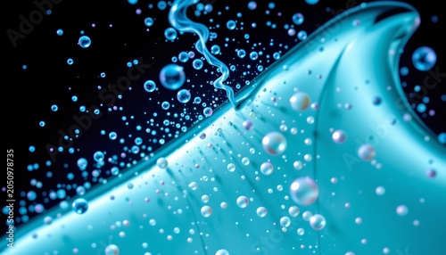 The image features a dynamic, abstract scene dominated by a smooth, curved surface that appears to be made of a glossy, glass like material, illuminated in shades of blue