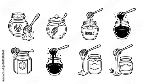 Slika na platnu Honey Jars Collection, Sweet Liquid Food Icons, Natural Product Illustrations, K