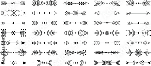 Decorative divider vector illustration set with arrows, floral motifs, leaves, dots, geometric shapes, ornamental symmetry, artistic embellishment and design patterns -flat vector illustration