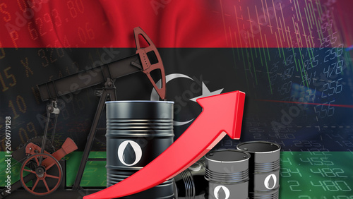 Tableau sur toile Libyan crude oil production and prices surge dramatically with an upward red arr