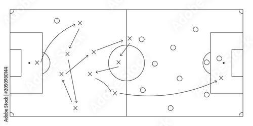 Quadro su tela Soccer tactics board with player positions and strategic passing arrows on football pitch diagram