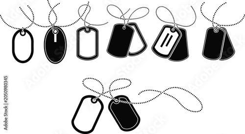Military dog tag silhouettes, identification chain icons, oval and rectangular tag designs, soldier ID symbol, armed forces equipment, security identity, flat vector illustration
