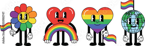 Rainbow pride cartoon icons, LGBTQ+ diversity celebration, flower heart globe characters, inclusion unity symbols, colorful equality design, cheerful pride art, flat vector illustration