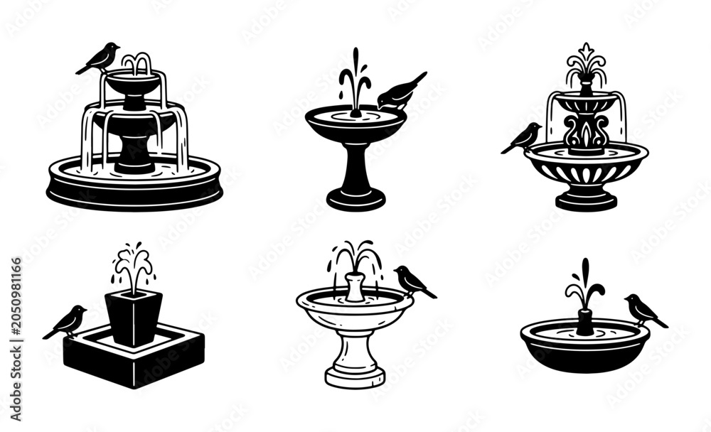 Fototapeta premium Vintage Fountain Icons, Bird Bath Vector Set, Garden Water Feature Graphics, Classic Ornamental Design Elements