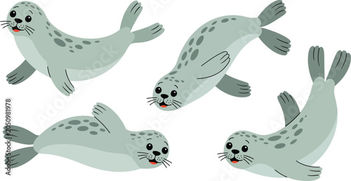 Obraz na płótnie Cute cartoon fur seal pup illustrations set swimming in different poses isolated on a white background