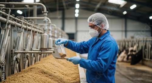 Livestock Nutrition Specialist Analyzes Animal Feed Sample in Industrial Facility