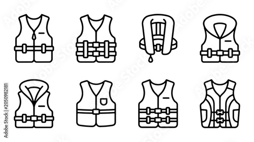 Fotografía Life Vest Icons Set, Safety Buoyancy Aid Vector Graphics, Water Sport Gear Colle