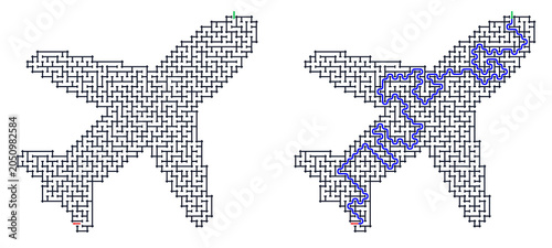 Logic game with labyrints,Maze game,Maze Puzzle foor kids,Labyrinth With Entry And Exit,Maze For Activiity Book,Puzzle Labyrinth,Maze with solution.Airplane maze design with blue path illustration  