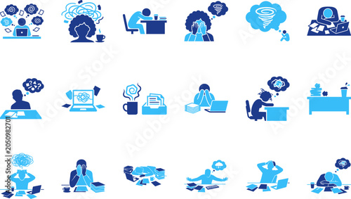 Принти на полотні Collection of icons representing stress anxiety and overwhelm in business and work environments blue