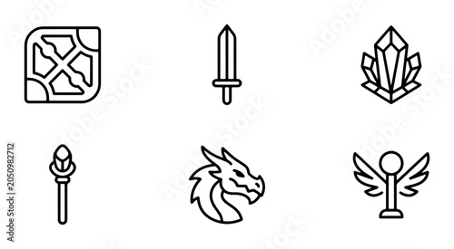 Bild auf Leinwand Fantasy Game Icons Set: Sword, Dragon, Crystal, Map, Staff, Angel Vector Graphic