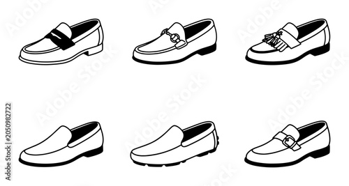 Bild auf Leinwand Six Black and White Loafer Shoe Icons, Classic Mens Footwear Styles, Versatile F