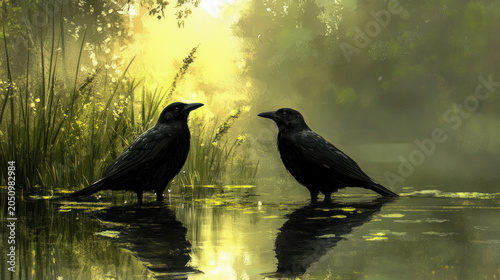 Two mysterious black ravens standing silently in golden illuminated wetland pond at sunrise, reflecting serene morning light in their tranquil watery sanctuary.
