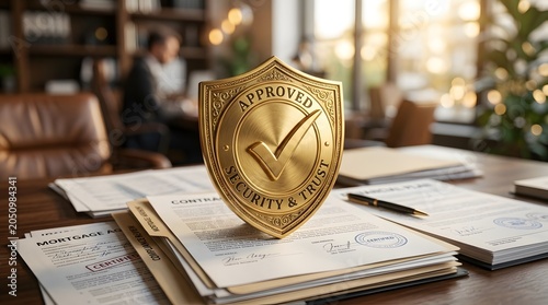 Premium approval seal on documents with corporate certification and trust concept in warm office light