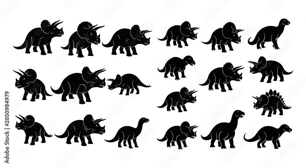 Obraz premium Triceratops And Hadrosaur Silhouettes Black Shapes On White Background animal