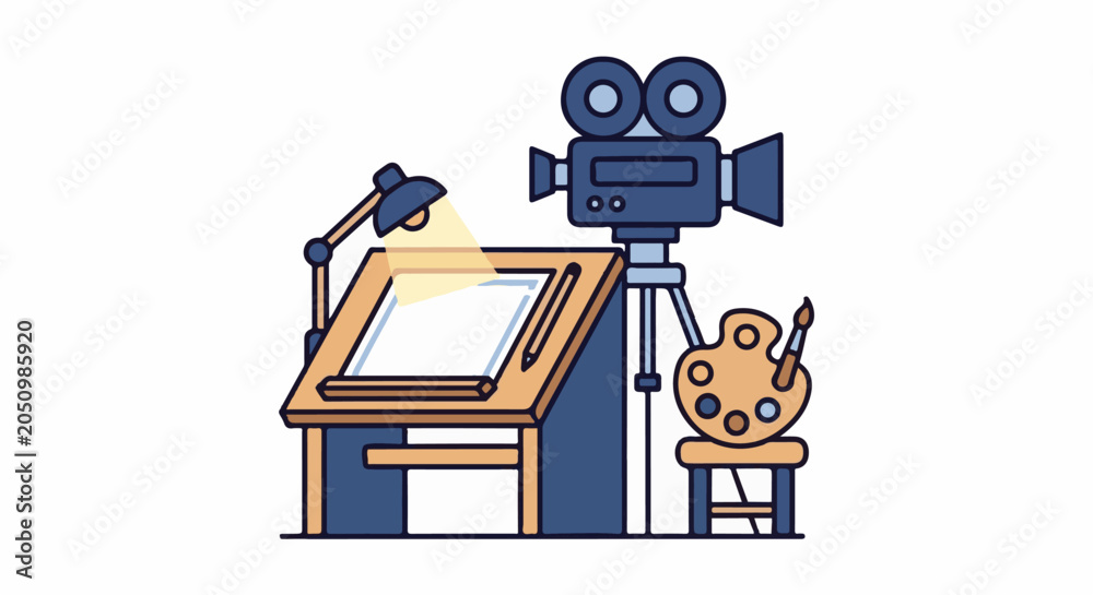 Fototapeta premium Art studio setup with drafting table, light, camera on tripod, and palette on stool
