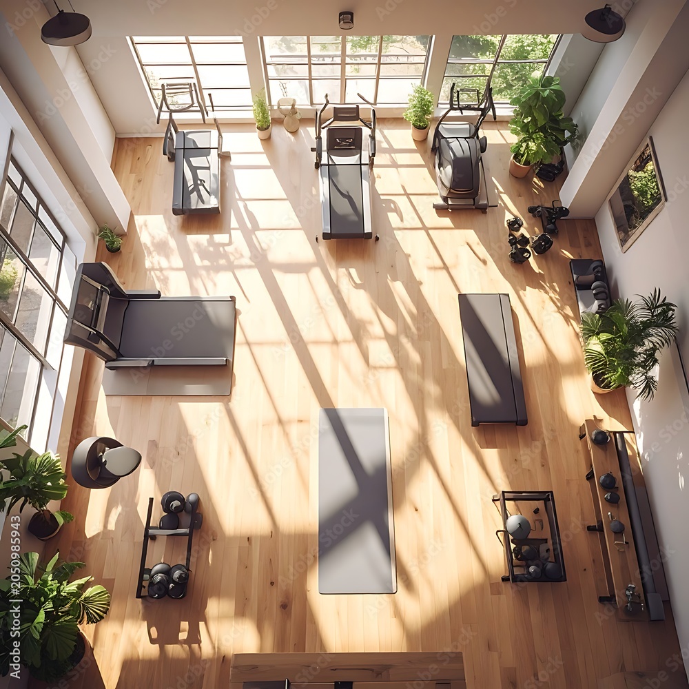 Obraz premium A well-lit gym with various exercise equipment and plants